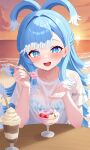  1girl :d artist_name asymmetrical_bangs beach blue_bra blue_eyes blue_hair blush bow bow_bra bra bra_visible_through_clothes breasts cloud collarbone colored_tips commentary crew_neck elbow_rest evening feeding_viewer food hands_up highres holding holding_spoon hololive hololive_indonesia horizon kobo_kanaeru kya_mayu long_hair looking_at_viewer multicolored_hair ocean open_mouth orange_sky outdoors parfait pov_across_table see-through_clothes see-through_shirt shirt short_sleeves sky smile solo spoon sun sunset t-shirt twitter_username twitter_x_logo underwear virtual_youtuber water watermark wet wet_clothes wet_shirt white_shirt 