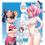  3girls ? asymmetrical_bangs bare_shoulders bikini black_hair black_nails blue_shirt blue_sky blush bouncing_breasts bow breast_conscious breast_envy breasts brown_eyes brown_hair closed_mouth cloud day drill_hair english_text eyeshadow flower gazing_eye gloria_(pokemon) gloria_(summer_2021)_(pokemon) green_eyes hair_bow hair_flower hair_ornament hair_ribbon hairband hand_on_own_hip highres jewelry klara_(pokemon) large_breasts looking_at_breasts makeup marnie_(pokemon) marnie_(summer_2021)_(pokemon) mole mole_under_mouth multiple_girls navel necklace official_alternate_costume open_mouth outdoors pink_hair pink_lips pink_nails pokemon pokemon_masters_ex pokemon_sword_and_shield pout ribbon sarong scrunchie shirt short_hair sky sleeveless sleeveless_shirt small_breasts smile smug speech_bubble spoken_question_mark swimsuit twintails water white_bikini white_bow white_hairband wrist_scrunchie 