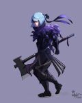  1girl armor axe beruka_(fire_emblem) black_armor black_headband blue_hair capelet closed_mouth commentary_request fire_emblem fire_emblem_fates full_body grey_background headband highres holding holding_axe holding_polearm holding_weapon pokomi_9 polearm purple_headband short_hair simple_background solo torn_capelet torn_clothes weapon 