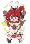  1girl :d animal_ear_hairband animal_ears armlet arms_up asymmetrical_footwear asymmetrical_sleeves black_boots bloomers blue_eyes blush boots braid braided_bangs brown_bloomers chibi chibi_only commentary cross-shaped_pupils dated detached_sleeves dress eyelashes fake_animal_ears gloves gold_armlet grey_gloves grey_sleeves hair_between_eyes hairband highres honkai:_star_rail honkai_(series) jewelry long_sleeves looking_at_viewer mismatched_footwear mismatched_sleeves notice_lines one_side_up open_mouth pointy_ears rabbit_ear_hairband rabbit_ears red_hair short_eyebrows short_hair short_sleeves sidelocks simple_background single_braid smile solo standing symbol-shaped_pupils tribbie_(honkai:_star_rail) untranslatable_commentary v-shaped_eyebrows watermark white_background white_boots white_dress white_hairband white_sleeves winged_boots wings yunme 
