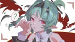  1girl ? absurdres bare_shoulders black_hairband black_shirt claw_pose commentary detached_sleeves green_hair hair_ornament hairband hand_up highres looking_at_viewer open_mouth pointy_ears portrait red_eyes roxy_ifrita_pryce scar scar_on_shoulder shirt single_claw_pose solo zenless_zone_zero zigou 