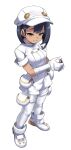  1girl aether_foundation_employee aether_foundation_uniform black_hair brown_eyes commentary_request fu-ta full_body gloves hat highres holding holding_poke_ball jumpsuit looking_at_viewer panties poke_ball poke_ball_(basic) pokemon pokemon_sun_and_moon shoes short_hair short_jumpsuit simple_background smile solo standing underwear white_background white_gloves white_hat white_jumpsuit white_panties white_shoes 