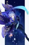  1boy absurdres ahoge aqua_gem ascot black_boots black_jacket black_vest blue_scarf blue_sky boots border buttons cape collared_jacket collared_shirt commentary_request eyelashes fingernails floating_cape floating_clothes flying full_body gem genshin_impact gold_trim grey_hair hair_between_eyes high_collar highres instntmssl jacket jewelry lapels long_sleeves looking_down male_focus mitya_(genshin_impact) night open_clothes open_jacket outside_border pendant purple_cape purple_eyes purple_jacket scarf shirt short_hair sky smile solo star_(sky) starry_sky_background tassel teeth two-sided_fabric two-sided_jacket v-shaped_eyebrows vest wavy_hair white_ascot white_border white_shirt yellow_gem 