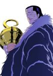  1boy artist_request black_hair coat coat_on_shoulders commentary_request crocodile_(one_piece) from_side fur-trimmed_coat fur_trim hair_slicked_back highres hook_hand looking_at_viewer male_focus one_piece open_mouth scar scar_on_face short_hair solo teeth upper_body upper_teeth_only white_background 