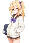  1girl absurdres bag blonde_hair blue_bag blue_ribbon blush bow bowtie brown_skirt cardigan character_charm charm_(object) closed_mouth girls'_frontline hair_ribbon hands_in_pockets highres looking_at_viewer mosin-nagant_(girls'_frontline) multicolored_hair nagant_revolver_(girls'_frontline) pleated_skirt purple_bow purple_bowtie red_eyes red_hair red_streaks ribbon school_bag school_uniform shenqi_xiaohuang side_ponytail simple_background skirt solo standing streaked_hair white_background white_cardigan 