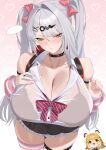  2girls absurdres ahoge alternate_breast_size_(larger) alternate_costume animal_ears arm_warmers bare_shoulders black_bra blush bra breasts closed_mouth collarbone commentary ddog english_commentary fingernails gradient_background green_eyes hair_between_eyes hair_ornament hairclip heart heart_print highres huge_breasts ju_fufu long_fingernails looking_at_viewer mole mole_on_breast multiple_girls open_mouth pink_arm_warmers pink_background pink_nails pixel_heart see-through_clothes see-through_shirt shirt single_hair_intake single_thighhigh striped_arm_warmers striped_clothes striped_thighhighs sweat thighhighs tiger_ears tiger_girl tiger_stripes twintails two-tone_background underwear white_background white_shirt yellow_eyes yixuan_(zenless_zone_zero) zenless_zone_zero 