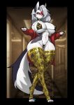  1girl animal_ear_fluff animal_ears animal_nose bikini black_bikini breasts claws cleavage closed_mouth colored_sclera floral_print_thighhighs full_body furry furry_female gold_thighhighs grey_eyes grey_hair hair_between_eyes hallway highres jacket large_breasts long_hair looking_at_viewer manedkitsune micro_bikini nail_polish navel original photo_background red_jacket red_sclera solo stomach swimsuit tail thick_thighs thighhighs thighs tiptoes wide_hips wolf_ears wolf_girl wolf_tail 
