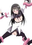 1girl 1other akemi_homura akemi_homura_(magical_girl) black_hair black_hairband black_pantyhose black_skirt blush bow bowtie breast_cutouts breasts breasts_out censored cleft_of_venus clothing_cutout commentary_request crotch_cutout embarrassed forced_exposure grey_skirt hairband highres long_hair long_sleeves magical_girl mahou_shoujo_madoka_magica mahou_shoujo_madoka_magica_(anime) mosaic_censoring nipples open_mouth pantyhose purple_bow purple_bowtie purple_eyes pussy restrained sarura shirt skirt small_breasts solo_focus sweat tentacles torn_clothes torn_pantyhose torn_skirt white_background white_shirt 