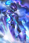  armor blade_arm blue_fire bright_pupils ceruledge commentary_request eye_trail fiery_hair fire helmet light_trail looking_at_viewer nanami_lusia no_humans pokemon pokemon_(creature) pokemon_focus purple_armor purple_eyes purple_fire purple_helmet solo white_pupils 