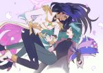  2girls absurdres black_gloves blue_eyes bouquet closed_eyes coattails commentary_request dark-skinned_female dark_skin epaulettes flower geeta_(arc_suit)_(pokemon) geeta_(pokemon) gloves goemulmaster green_hair highres holding holding_bouquet jacket jewelry laughing long_hair midriff multiple_girls necklace official_alternate_costume official_alternate_hairstyle open_mouth pokemon pokemon_masters_ex rika_(palentine's_2026)_(pokemon) rika_(pokemon) tailcoat turtleneck very_long_hair white_gloves yuri 