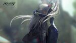  2girls absurdres alpha_(pgr) bodysuit covered_eyes fake_horns grey_hair hair_over_eyes hairband highres horn_hairband horns hug long_hair luna_(npc)_(pgr) luna_(pgr) multiple_girls official_art punishing:_gray_raven screaming second-party_source smile white_hair 