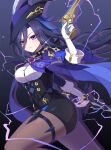  1girl antique_firearm ascot black_corset black_pantyhose blue_cape breasts cape clorinde_(genshin_impact) commentary_request corset epaulettes fold-over_gloves framed_breasts genshin_impact gun hair_between_eyes hat hat_feather highres large_breasts lightning long_hair_between_eyes pantyhose pencil_skirt purple_ascot purple_eyes qixi_cui_xing shirt skirt solo taut_clothes taut_shirt thigh_strap tricorne weapon 