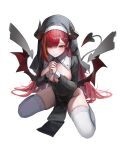  1girl absurdres akane_lize andud_14_(yh) blush breasts cleavage closed_mouth commentary covered_navel cross demon_girl demon_tail demon_wings groin highres horns korean_commentary lace lace_thighhighs large_breasts long_hair looking_at_viewer mole mole_on_cheek multicolored_hair navel nun pelvic_curtain praying red_hair simple_background sitting solo stellive streaked_hair tail thighhighs thighs virtual_youtuber white_background white_thighhighs wings 