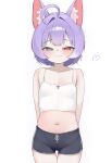  1girl ahoge animal_ear_fluff animal_ears bare_shoulders black_shorts blue_eyes blunt_bangs bow camisole chest_bow closed_mouth collarbone commentary_request cowboy_shot crop_top dolphin_shorts fang flat_chest fox_ears fox_girl gamble_0 hair_intakes heterochromia highres korean_commentary looking_at_viewer midriff multicolored_hair navel pink_bow pink_pupils purple_hair short_hair shorts simple_background skin_fang solo stellive streaked_hair tenko_shibuki virtual_youtuber white_background white_camisole white_streaks yellow_eyes yellow_pupils 