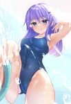 1girl :q alternate_costume arm_up armpits backlighting bad_feet barefoot black_bow blue_background blue_eyes blue_one-piece_swimsuit blunt_ends blush bow breasts cameltoe closed_mouth collarbone commentary covered_nipples cowboy_shot crossed_bangs eyelashes eyes_visible_through_hair feet floating_hair foreshortening from_below groin hair_between_eyes hair_bow highres hose leg_up long_hair looking_at_object looking_down medium_breasts one-piece_swimsuit purple_hair school_swimsuit sexually_suggestive shiki_samapoke sidelocks simple_background simulated_footjob smile soles solo sorakado_ai standing standing_on_one_leg summer_pockets swimsuit toes tongue tongue_out tsurime water water_drop 
