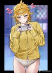  1girl absurdres ahoge blonde_hair blurry blurry_background closed_mouth commentary controller cowboy_shot dokibird english_commentary fang feather_hair flat_chest frown game_controller hands_up highres holding holding_controller holding_game_controller indie_virtual_youtuber long_hair long_sleeves looking_at_viewer low_twintails nevee no_pants paid_reward_available pajamas panties shirt skin_fang slit_pupils solo standing twintails underwear virtual_youtuber white_panties yellow_pajamas yellow_shirt 