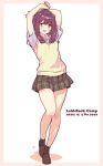  1girl :d ankle_socks arms_up black_socks blue_eyes border brown_hair brown_shoes collared_shirt commentary_request copyright_name dated dress_shirt full_body green_eyes grey_skirt hair_between_eyes heel_up highres jagi_(jagi_souken) light_blush loafers looking_at_viewer medium_hair multicolored_eyes open_mouth outside_border pink_border plaid_clothes plaid_skirt pleated_skirt school_uniform shirt shoes short_sleeves skirt smile socks solo standing sweater_vest toki_ayano two-tone_eyes white_background white_shirt yellow_sweater_vest yurucamp 