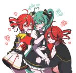  !? 3girls :3 ahoge arms_around_another's_back arms_around_another's_waist black_bow black_bowtie black_jacket black_sailor_collar black_streaks blush bow bowtie bright_pupils cape chain clone_harem colored_petticoat commentary_request double-parted_bangs drill_hair drooling dual_persona epaulettes fangs frilled_shirt frilled_sleeves frills hair_between_eyes hair_bow hair_over_one_eye han_bun_ko_(vocaloid) hatsune_miku heart heart-shaped_pupils heart_ahoge highres hug jacket kasane_teto midriff_peek multicolored_hair multiple_girls nolimi34833 one_eye_covered parted_bangs petticoat red_eyes red_hair sailor_collar shirt simple_background star-shaped_pupils star_(symbol) star_ornament streaked_hair sweat symbol-shaped_pupils synthesizer_v tank_top twin_drills twintails two-sided_fabric two-sided_jacket two-tone_hair two-tone_shirt two-tone_skirt utau vocaloid white_background white_bow white_pupils white_shirt yuri 