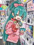  1girl aqua_eyes aqua_hair aqua_nails aqua_skirt bow cardigan character_and_character_item commentary_request figure gashapon hair_bow half-closed_eyes half_updo hatsune_miku hatsune_miku_(ribbon_girl) headphones headphones_around_neck highres indoors kagamine_len kagamine_rin kaito_(vocaloid) long_hair looking_at_viewer looking_to_the_side megurine_luka meiko_(vocaloid) nail_polish open_cardigan open_clothes open_mouth pink_cardigan pink_hair pleated_skirt project_diva_(series) red_bow saka_(sakadesu0612) sakura_miku school_uniform security_camera skirt smile solo sparkle standing upper_body very_long_hair vocaloid 