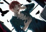  1boy absurdres bird buttons collared_shirt crow ensemble_stars! fingernails hand_on_own_head highres itsuki_shu julie55yt6 lapels layered_clothes layered_sleeves long_sleeves male_focus open_mouth pink_hair purple_eyes school_uniform shirt short_hair solo teeth upper_body wing_collar yumenosaki_school_uniform 