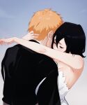  1boy 1girl alternate_breast_size_(larger) arms_around_neck bare_arms bare_shoulders black_hair black_kimono bleach blue_background breasts cleavage closed_eyes cloud commentary couple dress english_commentary eyelashes facing_another facing_away facing_to_the_side gradient_background grey_background hair_between_eyes hetero highres hug japanese_clothes kimono kuchiki_rukia kurosaki_ichigo long_sleeves medium_breasts orange_hair shihakusho short_hair sidelocks strapless strapless_dress upper_body white_dress yukitoko 