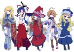  5girls absurdres ahoge armor black_shorts blonde_hair blue_coat blue_dress blue_eyes blue_hair breastplate bushidou_(sekaiju) bushidou_2_(sekaiju) chest_sarashi coat commentary_request doctor_magus doctor_magus_4 dress fur-trimmed_headwear fur_trim gauntlets green_eyes gunner_(sekaiju) gunner_2_(sekaiju) hakama hat highres holding holding_shield holding_sword holding_weapon japanese_clothes konyak9konnya9 lab_coat long_hair medic_(sekaiju) medic_2_(sekaiju) multicolored_thighhighs multiple_girls orange_hair paladin_(sekaiju) paladin_2_(sekaiju) pom_pom_(clothes) red_dress red_hakama sarashi sekaiju_no_meikyuu sekaiju_no_meikyuu_2 shield shorts shoulder_armor striped_clothes striped_thighhighs sword thighhighs weapon witch_hat 
