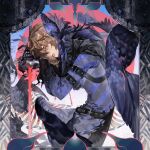  1boy absurdres akechi_goro belt bird black_belt black_gloves black_mask_(persona_5) border brown_eyes brown_hair commentary cowboy_shot crow expressionless gloves hands_up highres jhxe88 leaning_forward lips looking_at_viewer male_focus ornate_border outside_border persona persona_5 persona_5_the_royal planted planted_sword solo sword untranslatable_commentary weapon 