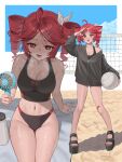  1girl 2026 absurdres ahoge ball bandage_on_knee bare_legs bare_shoulders beach beach_towel bikini black_bikini black_jacket black_sandals bottle bow breasts cleavage cloud collarbone commentary_request day double-parted_bangs drill_hair full_body groin hair_bow hair_ornament hairclip hand_fan hand_up highres holding holding_fan hot jacket kasane_teto medium_breasts multiple_views nail_polish navel number_tattoo open_mouth outdoors platform_sandals red_eyes red_hair red_nails sandals shoulder_tattoo sidelocks signature single_off_shoulder sweat swimsuit tattoo teeth toenail_polish toenails toes tomodach1666 towel twin_drills utau volleyball_(object) volleyball_net water_bottle white_bow 