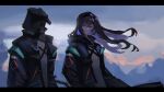  1girl 1other absurdres arknights ashen_illust black_coat black_eyes black_hair closed_mouth coat colored_inner_hair commentary cosplay doctor_(arknights) doctor_(arknights)_(cosplay) grey_robe hair_between_eyes highres hood hood_down hood_up hooded_coat letterboxed long_hair long_sleeves looking_at_another multicolored_hair outdoors priestess_(arknights) purple_hair robe smile wind 
