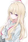  1girl blonde_hair blonde_student_council_president_(blue_archive) blue_archive blue_shirt commentary_request halo hand_up highres long_hair looking_at_viewer multicolored_hair multicolored_halo noko_(nco029685627) pink_hair pink_streaks purple_eyes red_halo shirt simple_background sketch solo streaked_hair two-tone_hair two-tone_halo upper_body white_background white_halo 