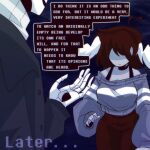  1boy 1girl ahoge black_choker black_coat black_tank_top breast_expansion breasts brown_hair brown_pants choker coat colored_skin commentary curvy deltarune english_text expressionless feathered_wings genderswap genderswap_(otf) grey_skin grey_sweater hand_up head_wings heart heart_ahoge hole_in_hand hollow_eyes large_breasts long_sleeves maciemacchi medium_hair off-shoulder_sweater off_shoulder pants shaded_face simple_background skeleton smile striped_clothes striped_sweater sweater tank_top thick_thighs thighs transformation utdr_(toby_fox) vessel_(deltarune) w.d._gaster wide_hips wings 
