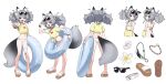  1girl absurdres animal_ear_fluff animal_ears ass bikini bracelet commission dog_tags eyebrows_hidden_by_hair eyewear_on_head fankupl flat_chest flower from_behind from_side full_body grey_hair hair_flower hair_ornament highres holding holding_swim_ring jaana_kettu jewelry leaning_forward looking_at_viewer medium_hair multiple_views navel open_mouth original pearl_bracelet red_eyes reference_sheet sandals shirt short_twintails simple_background smile stomach sunglasses swim_ring swimsuit tail tied_shirt toes twintails v white_background white_bikini wolf_ears wolf_girl wolf_tail yellow_shirt 
