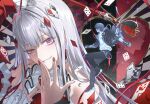  0p78xopwsj83779 1boy 1girl ace_(playing_card) ace_of_clubs aha_(honkai:_star_rail) arm_up asymmetrical_sleeves bare_shoulders black_gloves black_jacket black_pants black_shoes black_sleeves bright_pupils caelus_(honkai:_star_rail) card club_(shape) commentary crazy_grin crazy_smile detached_sleeves diamond_(shape) diamond_hair_ornament dress earrings english_commentary eyelashes fingerless_gloves fingernails floating_card four_of_diamonds frilled_sleeves frills glint gloves grey_hair grin hair_between_eyes hair_intakes hair_ornament hand_up head_tilt heart highres holding holding_wand honkai:_star_rail honkai_(series) hood hood_down hooded_jacket jacket jewelry joker_(playing_card) king_(playing_card) king_of_spades long_hair long_sleeves looking_at_viewer mismatched_sleeves nail_polish nihilux_(honkai:_star_rail) open_clothes open_jacket pants playing_card purple_eyes red_nails red_ribbon red_sleeves ribbon seven_of_hearts seven_of_spades shirt shoes short_hair sidelocks six_of_spades smile spade_(shape) sparkle strapless strapless_dress teeth three-quarter_sleeves trailblazer_(honkai:_star_rail) upper_body wand white_pupils white_shirt 