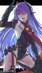  1girl android breasts commentary_request covered_navel elbow_gloves gloves headgear highleg highleg_leotard highres joints kyosuke1413koba large_breasts leotard long_hair looking_at_viewer poppi_(xenoblade) poppi_qtpi_(xenoblade) purple_hair red_scarf robot_ears robot_joints scarf signature smile solo teeth thighhighs upper_teeth_only very_long_hair white_background xenoblade_chronicles_(series) xenoblade_chronicles_2 yellow_eyes 