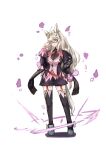  1girl absurdres adjusting_eyewear ahoge animal_ears biwa_hayahide_(pf._winning_equation...)_(umamusume) biwa_hayahide_(umamusume) black_shirt black_thighhighs breasts closed_mouth collared_shirt commentary_request ear_ornament full_body garter_straps glasses grey_hair hair_ornament highres horse_ears horse_girl horse_tail jacket large_breasts long_hair long_sleeves looking_at_viewer nwtr_(nwtr_heart) purple_jacket purple_skirt red-framed_eyewear red_garter_straps semi-rimless_eyewear shirt shoes skirt solo tail thighhighs umamusume white_hair yellow_eyes 