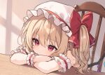  1girl blonde_hair bow chair commentary_request crossed_arms crystal crystal_wings flandre_scarlet hat hat_bow highres mob_cap multicolored_wings on_chair one_side_up red_bow red_eyes shadow solo touhou unfinished watermark white_hat wings yuineko 