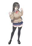  1girl bags_under_eyes black_hair black_shoes black_thighhighs blue_skirt bow bowtie breasts brown_cardigan cardigan casey76841 dress_shirt full_body hands_up highres huge_breasts impossible_cardigan loafers long_hair long_sleeves looking_at_viewer open_mouth original pleated_skirt red_bow red_bowtie red_eyes school_uniform shirt shoes simple_background skirt solo standing thighhighs white_background white_shirt zettai_ryouiki 
