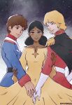  absurdres amuro_ray artist_name black_background black_capelet blonde_hair blue_eyes brown_eyes brown_hair capelet char_aznable dress earth_federation english_commentary epaulettes gundam highres kittleskittle lalah_sune love_triangle military_uniform mobile_suit_gundam space strapless strapless_dress two-tone_background white_background yellow_dress zeon 