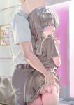  1boy 1girl ass belt blonde_hair blue_eyes blush breasts brown_hair brown_serafuku brown_skirt clothes_lift collared_shirt commentary faceless faceless_male grabbing_another's_ass groping highres indie_virtual_youtuber kanzarin kanzarin_(vtuber) looking_at_viewer looking_back love_hotel medium_hair multicolored_hair open_mouth outdoors panties pants pink_streaks school_uniform serafuku shirt short_sleeves sign skirt skirt_lift small_breasts solo_focus streaked_hair sweat translation_request underwear virtual_youtuber white_panties white_shirt yen_sign 