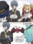  1boy 3girls belle_(brilliance_of_stars)_(zenless_zone_zero) belle_(zenless_zone_zero) beret black_hat blonde_hair blue_hair claret_flint commentary cup dorahdew english_commentary green_hair grey_hair hat highres long_hair looking_at_viewer multicolored_hair multiple_girls red_streaks roxy_ifrita_pryce short_hair streaked_hair twintails very_long_hair wise_(oath_of_skies)_(zenless_zone_zero) wise_(zenless_zone_zero) zenless_zone_zero 