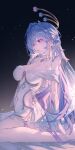  1girl absurdres alternate_costume bare_shoulders blue_hair breasts caisena chinese_commentary cleavage clothing_cutout commentary_request dress gloves green_eyes hair_between_eyes halo head_wings highres honkai:_star_rail honkai_(series) jewel_under_eye large_breasts long_hair multicolored_eyes navel navel_cutout parted_lips robin_(honkai:_star_rail) sitting solo wariza white_dress white_gloves wings 