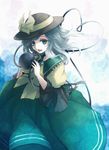  awa_toka black_hat bow commentary_request floating_hair floral_print green_hair green_shirt hat hat_bow heart heart_of_string komeiji_koishi looking_at_viewer open_mouth shirt silver_hair smile solo third_eye touhou wide_sleeves yellow_bow yellow_shirt 