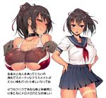  accessory_tan black_hair blush breasts character_request cleavage collar collarbone hair_ribbon hands hands_on_hips heart heart-shaped_pupils large_breasts long_hair looking_at_viewer midriff mole mole_on_body nipple_tweak nipples open_mouth pleated_skirt ponytail red_eyes ribbon satou_kuuki school_uniform see-through serafuku simple_background skirt smile symbol-shaped_pupils tan tanline wet white_background 