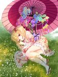  blonde_hair flandre_scarlet floral_print flower hair_ribbon japanese_clothes kimono long_sleeves looking_at_viewer lying noala obi on_grass on_ground on_side open_mouth oriental_umbrella red_eyes red_footwear ribbon sash shoes smile socks solo touhou umbrella white_legwear wide_sleeves wings yukata 