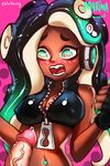  2017 beauty_mark blush cephalopod clothing dark_skin ebluberry erection fangs female fingerless_gloves gloves green_eyes headphones humanoid jacket male marina_(splatoon) marine navel nintendo not_furry octoling octopus penis splatoon surprise tentacle_hair tentacles video_games 