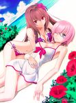  bikini blush breasts circle_name fate/grand_order fate_(series) flower glasses hair_flower hair_ornament hair_over_one_eye large_breasts long_hair looking_at_viewer lying mash_kyrielight multiple_girls navel purple_hair red_eyes scathach_(fate)_(all) scathach_(swimsuit_assassin)_(fate) shirotsumekusa short_hair summer swimsuit 