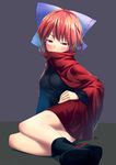  blue_bow blush bow breasts cape closed_mouth full_body grey_background hair_bow highres kisamu_(ksmz) long_sleeves looking_at_viewer medium_breasts naughty_face red_eyes red_hair red_skirt sekibanki short_hair sitting skirt smile solo touhou 