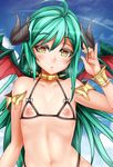  aqua_hair bra commentary_request cupless_bra dragon_horns dragon_wings flat_chest gold_trim horns long_hair nipples oni-noboru original solo underwear underwear_only wings yellow_eyes 