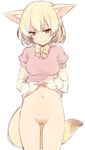  1girl animal_ears blonde_hair bottomless bow bowtie brown_eyes commentary cowboy_shot fennec_(kemono_friends) fox_ears fox_tail heart heart_censor kemono_friends light_smile looking_at_viewer navel no_panties pussy shirt_lift short_hair simple_background sketch solo tail thighs u_(nijie2768) white_background 