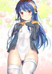  ass_visible_through_thighs blue_hair blush breasts cosplay covered_navel drawstring emperor_penguin_(kemono_friends) emperor_penguin_(kemono_friends)_(cosplay) eyebrows_visible_through_hair eyes_visible_through_hair food fruit headphones highleg highleg_leotard highres hinanawi_tenshi hood hood_down hoodie jacket kemono_friends leotard long_hair long_sleeves looking_at_viewer niiya peach red_eyes small_breasts solo thighhighs touhou wavy_mouth white_legwear white_leotard 